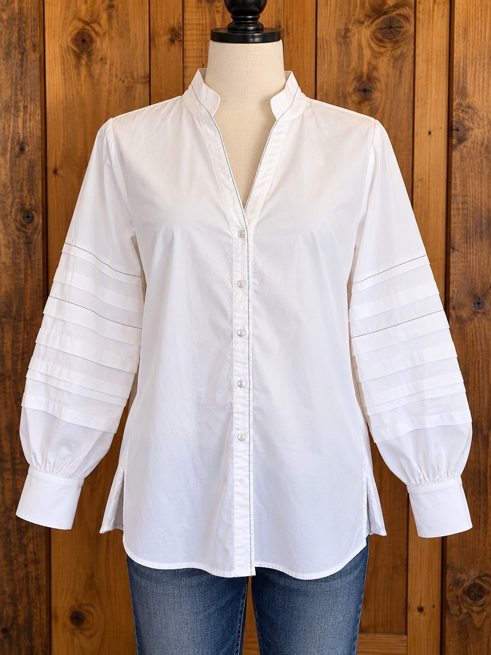 Chico's White Pintuck Sleeve Cotton Blouse with Band Collar